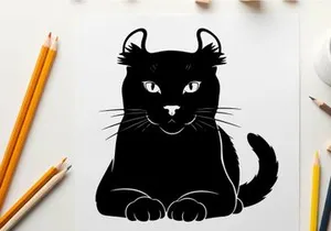 Silhouette of a black cat sitting on the ground looking forward