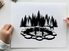Serene forest scene with silhouette of deer by a pond