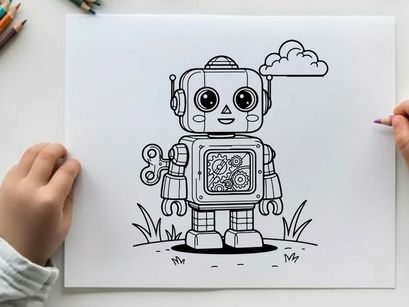 Cute robot thinking in nature flat design vector illustration