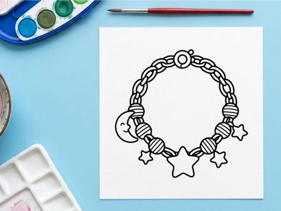 Pulsera de ilustración de joyería de Halloween dibujada a mano con estrellas y luna. Ilustración de joyería estacional espeluznante para manualidades y decoraciones festivas.