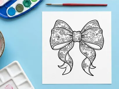 Decorative Christmas bow with floral pattern line art illustration for holiday design.