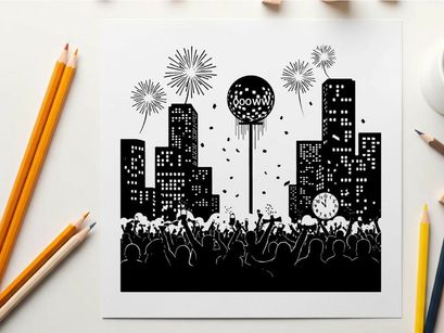 New year's eve celebration silhouette with fireworks and city skyline