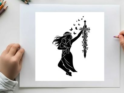 Silhouette of a woman holding a sword with flowers and butterflies