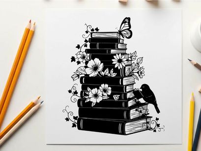 Silhouette of books with flowers butterfly and bird on a white background