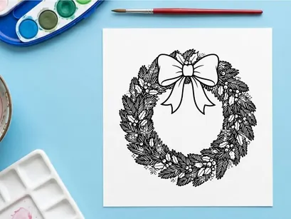 Christmas wreath with bow line art illustration for holiday coloring page design