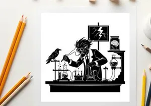 Mad scientist in lab with raven and silhouette equipment