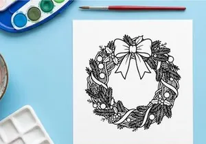 Ilustración de arte lineal de corona navideña con ramas de pino y un lazo decorativo
