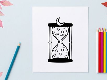 Minimalist hourglass with moon and stars design. Black and white sand timer illustration for time management and Halloween themes.