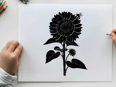 Silhouette of a large sunflower with leaves and buds