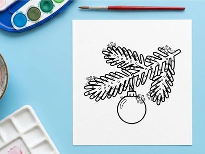 Cabang pohon Natal dengan hiasan gantung, ilustrasi seni garis yang meriah.