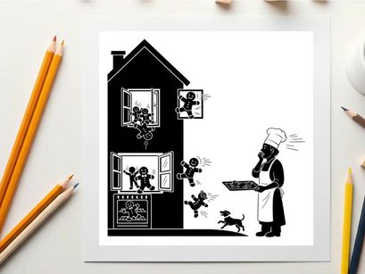 Chaotic scene of children escaping from a house to a worried chef silhouette