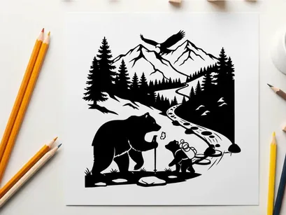 Silhouette of bear and child in mountainous landscape with eagle