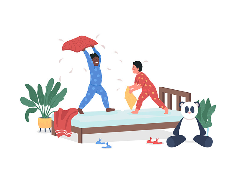 Kids play in bedroom flat color vector detailed characters