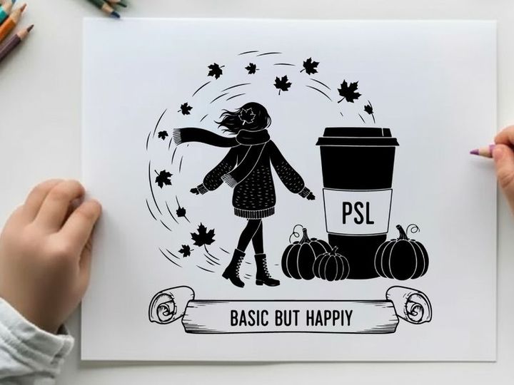 Silhouette of a woman enjoying fall with psl and pumpkins silhouette