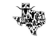 Texas silhouette with cowboy hat and western symbols