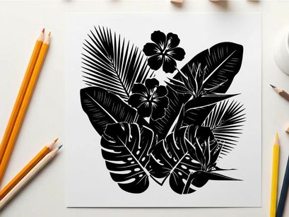 Tropical palm tree silhouette with flowers and leaves