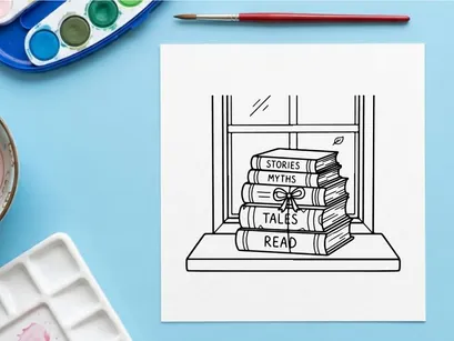 Pilha de livros com um laço em um parapeito de janela, ilustração desenhada à mão em preto e branco.