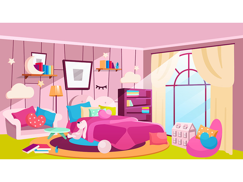 Girls bedroom at daytime flat vector illustration