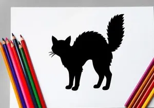 Silhouette einer Katze mit flauschigem Schwanz in Schwarz auf weißem Hintergrund