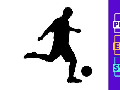 Silhouette of a soccer player kicking a ball in motion on a white background