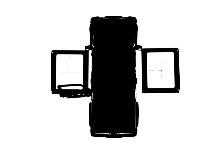 Silhouette of a black suitcase with multiple compartments and opened panels