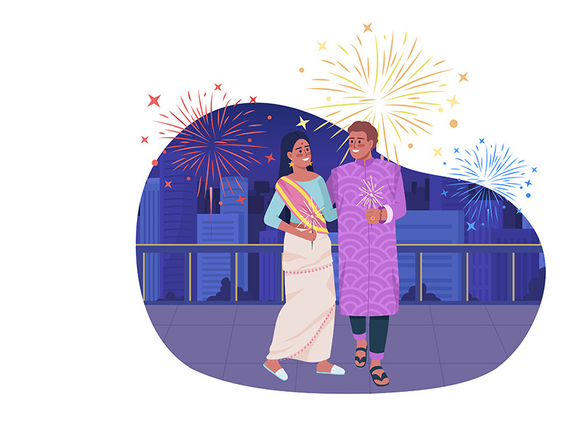 Loving couple celebrating Diwali holiday 2D vector isolated illustration