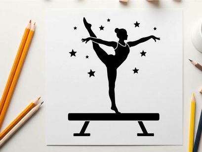 Silhouette of gymnast on balance beam with stars