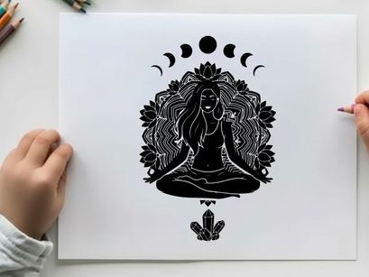 Silhouette of a woman meditating in lotus position with moon phases