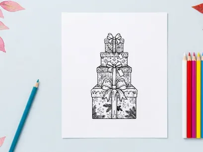 Cajas de regalo navideñas apiladas con lazos, ilustración ilustrada festiva de regalo de vacaciones