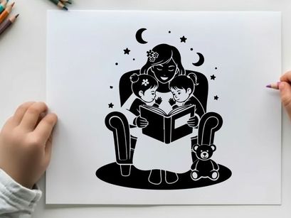 Silhouette of woman reading to children at night