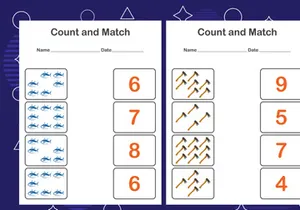 10 Pages Count and match with the correct number. Matching education game. Count how many items and choose the correct number