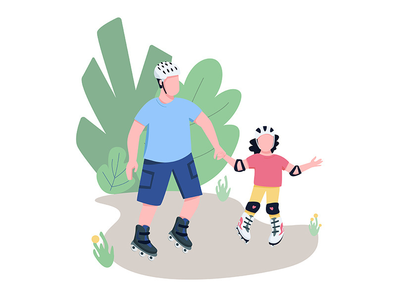 Father and child roller skating flat color vector faceless characters