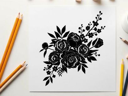 Silhouette of a bouquet of flowers and leaves arrangement