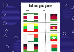 12 Pages Cut and glue game for kids with country flag. Cutting practice for preschoolers. Education paper game for children