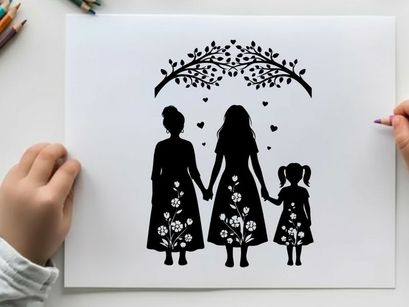 Mother and daughters silhouette under a tree with flowers