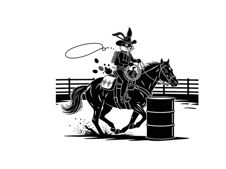 Bunny silhouette riding a horse around a barrel racing silhouette