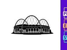 Black and white illustration of a large glasshouse with three domes