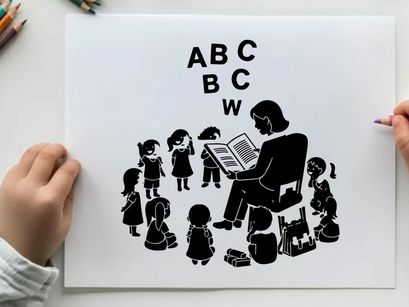 Silhouette of teacher reading to children in classroom setting silhouette