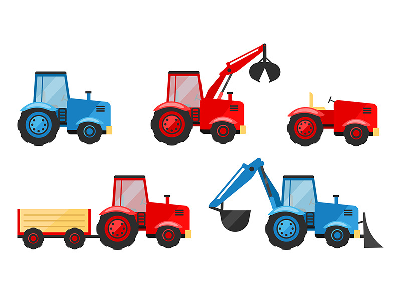 Heavy farming machinery, tractors flat vector illustrations set