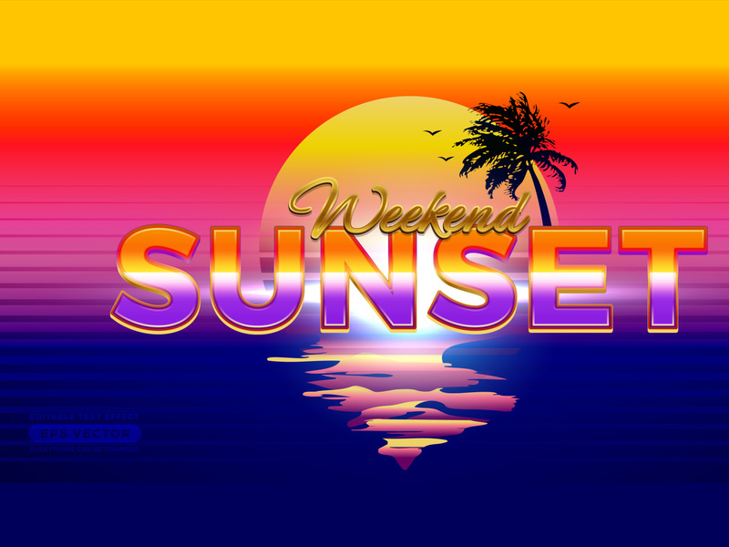 Weekend Sunset Retro Text Effect with vibrant concept for trendy flyer, poster and banner template promotion