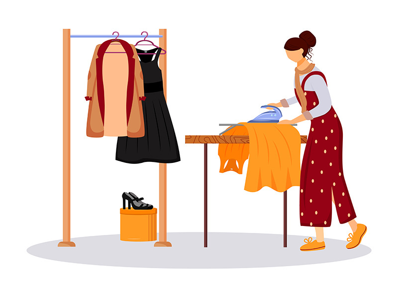 Ironing dresses, jackets flat color vector illustration