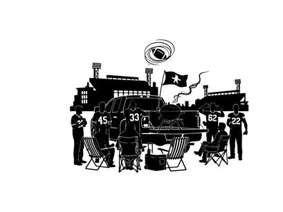 Silhouette of people gathered around a vehicle with a flag