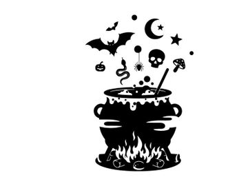 Silhouette of a witch's cauldron on fire with spooky elements preview picture