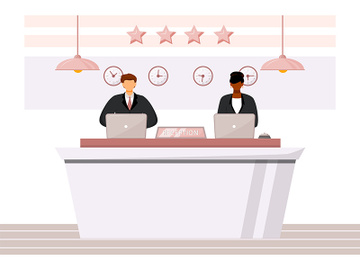 Receptionists at front desk flat color vector illustration preview picture