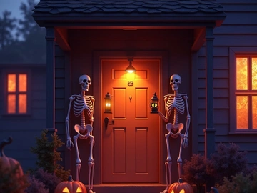 Halloween house is decorated with skeletons, pumpkins, and lights. preview picture