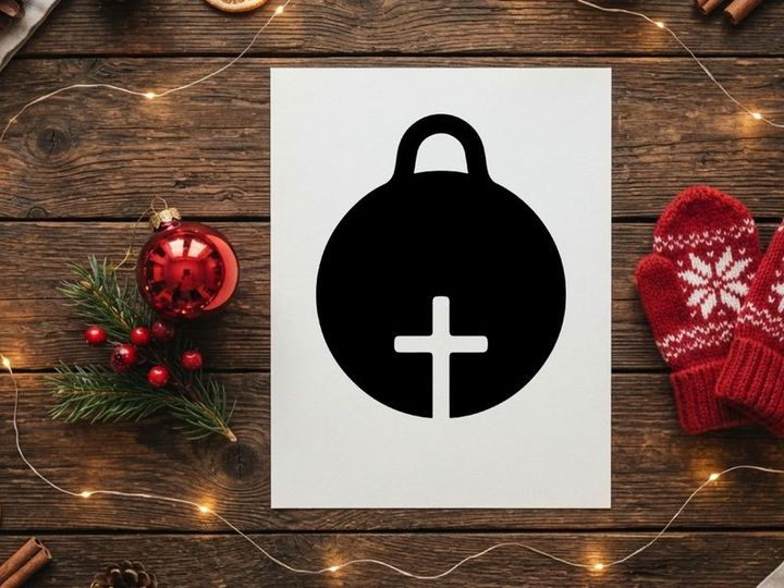 Black Christmas ornament icon with a cross symbol for religious holiday design projects
