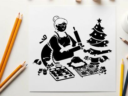 Black silhouette of woman baking christmas cookies with tree