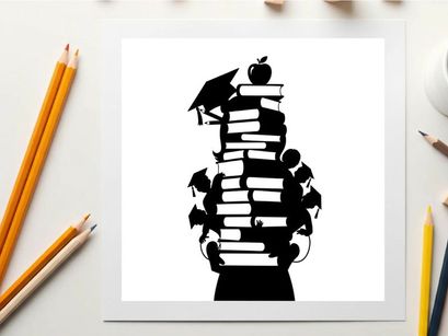 Silhouette of a person with books and graduation caps