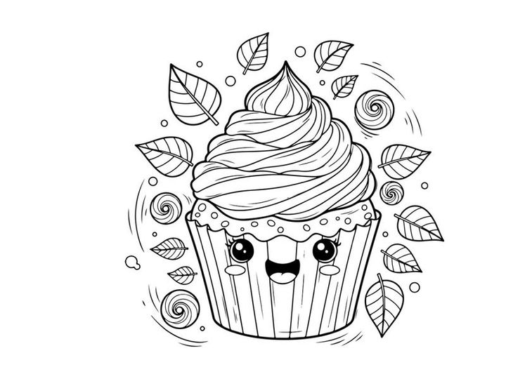 Cute cupcake with swirl frosting and face vector illustration