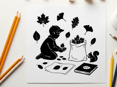 Silhouette of child collecting leaves with squirrel and book